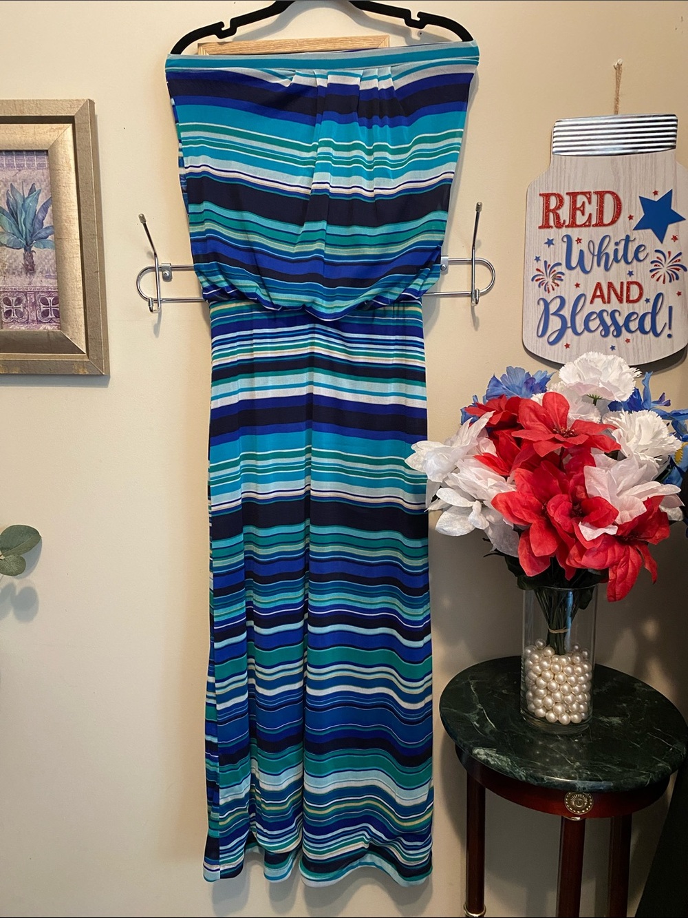 Cynthia Rowley Striped Blue & Teal Strapless One-Piece Dress Sz X-Small